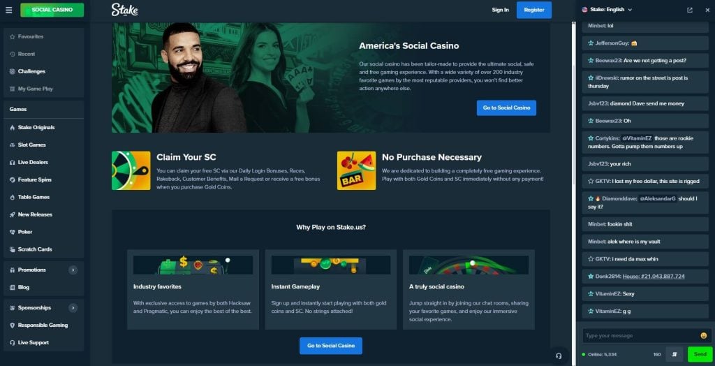 Stake.us Casino Homepage