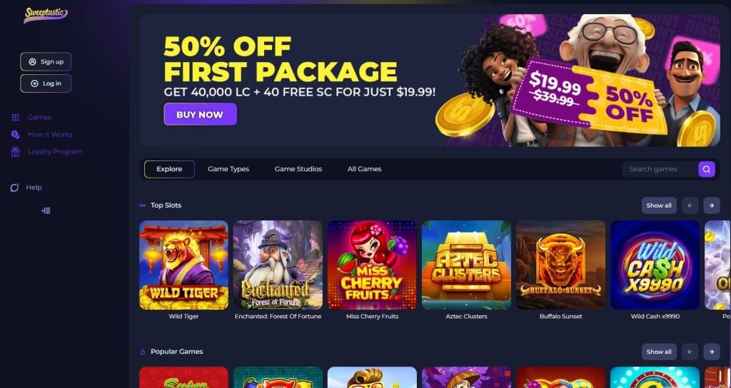 Sweeptastic Casino Homepage
